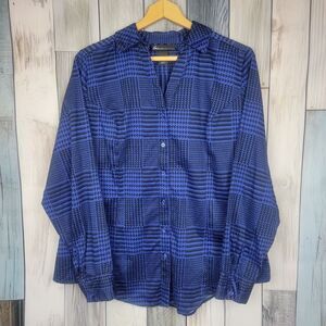 Lane Bryant Blue Black Houndstooth Long Sleeve Button Down Shirt Size 18